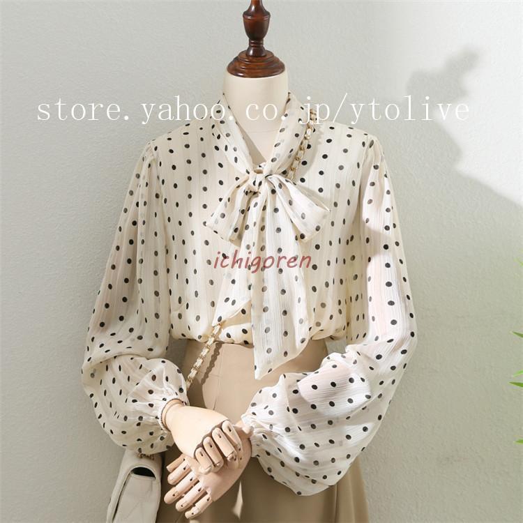 ブラウス レディース トップス シャツ 水玉 柄 リボン ボウタイ ボリューム袖　長袖 2023 春 春服