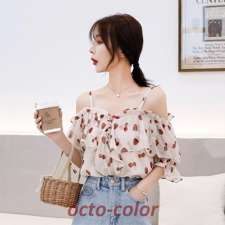 シャツ レディース シフォン 肩出し 夏 プリーツ フリル 花柄 いちご柄 体型カバー 大きいサイズ 可愛い リボン付き オシャレ 着痩せ カジュアル ゆったり 40代