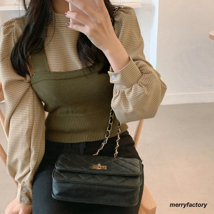 ニットキャミソール ブラウス2点セット レディース チェック柄 長袖シャツ プチハイネック プルオーバ..