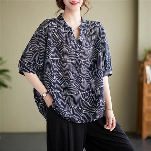 Tops - 夏シャツ レディース 5分袖 涼しげ トップス きれいめ プルオーバー Vネック スキッパーネック オーバーシャツ リラクシーな大人の抜け感をプラス