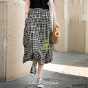 スカート レディース Aライン 綿麻 チェック柄 春 夏 薄手 ロング 着痩せ 涼しい ウエストゴム 女性 清楚 快適 20代30代40代50代