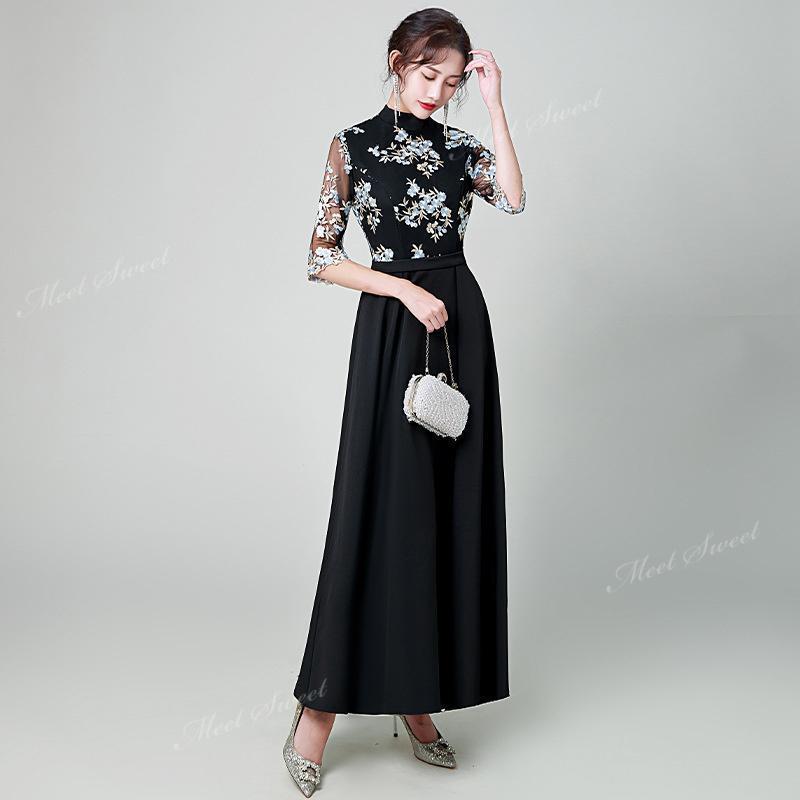 カラードレス パーティードレス お呼ばれ フォーマル 花柄 マキシ ワンピース 袖あり 5分袖 ハイネック 結婚式 二次会 謝恩会 同窓会 食事会 入学式 入園式