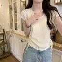 Tシャツ Vネック ストラップ 夏 韓国風 タンクトップ 着痩せ ショート丈 ノースリーブ ギャザー サイドシャーリングトップス 重ね着 レイヤード風