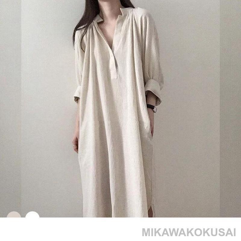 春 夏 シャツワンピ レディース 長袖ワンピース リネンワンピース 体型カバー シャツワンピース 秋 長袖Vネック ロングシャツ オーバーサイズのサムネイル