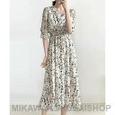花柄フレアシフォン Vネック フレア/Aライン 半袖ロングマキシ丈ワンピ