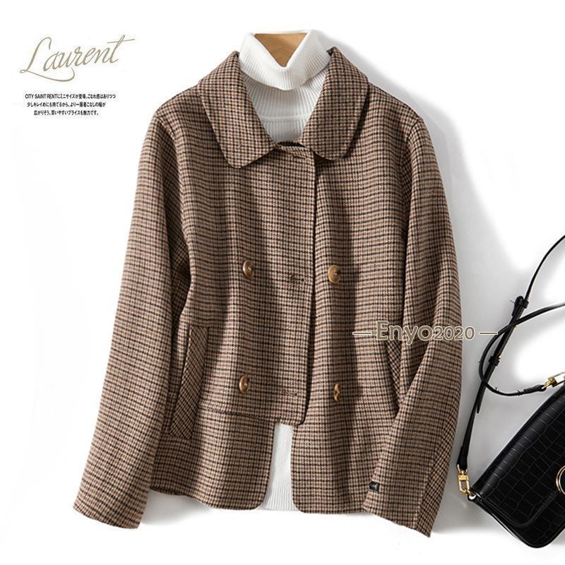 レディース ダブルボタン仕様の千鳥格子模様ステンカラーコート スプリングコート ダブルフェイス仕様 ウール 秋服 上品 冬服 きれいめ 通勤 オフィス おしゃれ
