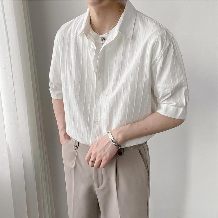 半袖シャツ メンズ シャツ シンプル 五分袖 ワイシャツ 襟付き メンズファッション 夏 涼しい 快適 トップス 無地 ストライプ ゆったり
