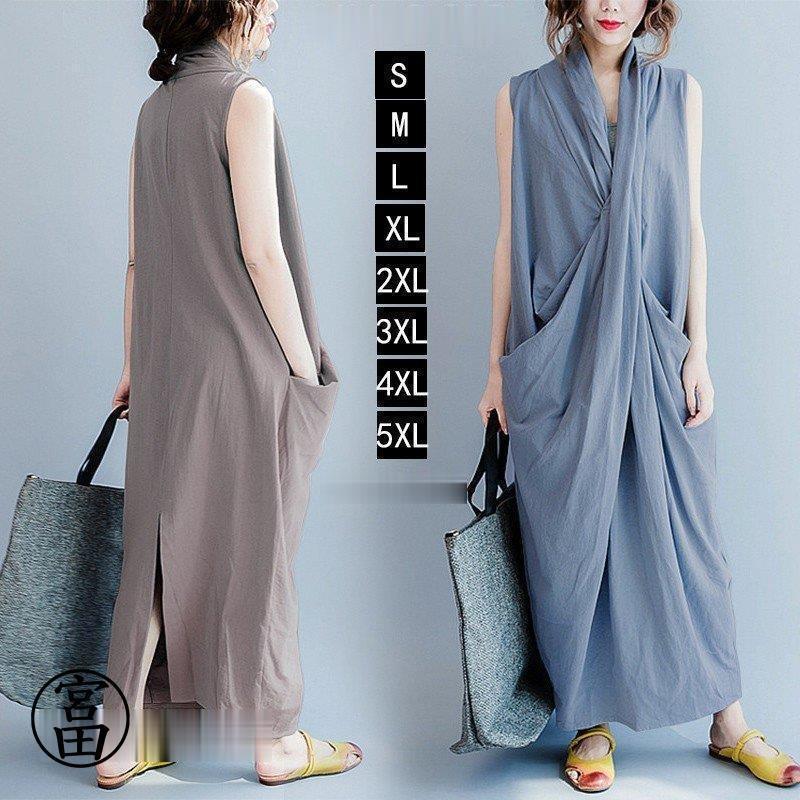 Dresses - マキシワンピース レディース 夏 ノースリーブ ワンピース 40代 ロングワンピ フリル 無地 体型カバー マキシ丈 ゆったり 大きいサイズ