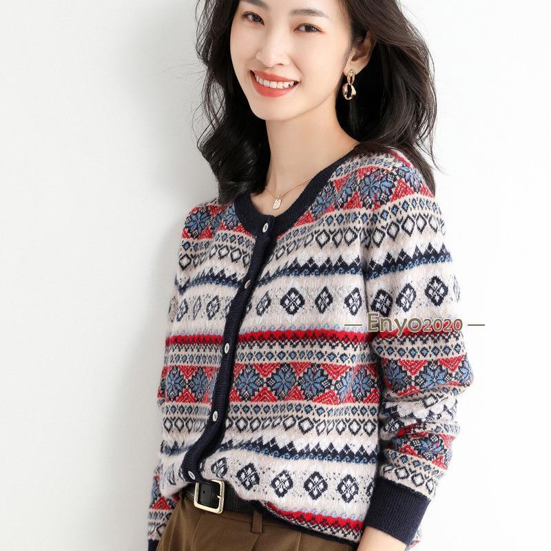 レディース カーディガン 柄物 クルーネック お洒落 トップス 紫外線 UVケア オフィス 上着 長袖 事務 ニットカーディガン カーデ 羽織り ゆったり 秋服 冬服