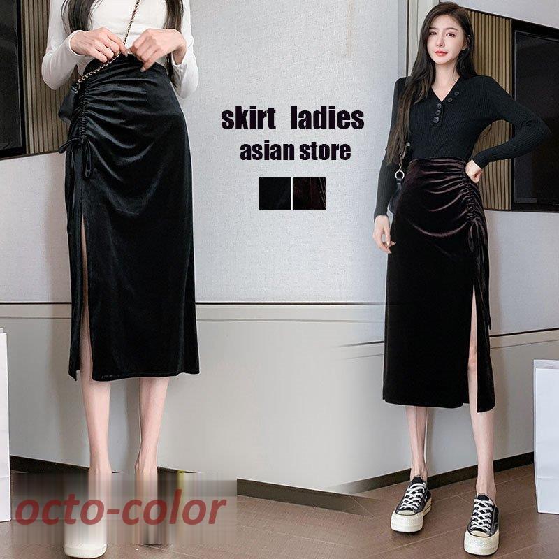 スカート 膝丈スカート ハイウエスト パーティードレス ファッション きれいめ 無地 タイトスカート 上品 披露宴 韓国風 ベルベット エレガント Aライン タック(4)