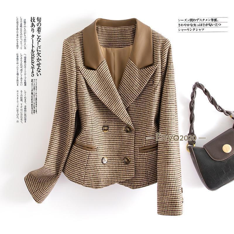 テーラードジャケット ウールコート レディース 長袖 千鳥格子 ダブルブタン 一部革レザー 切り替え おしゃれ キレイめ 春 秋 冬 柔らかい 上品 エレガントサイズ：S 胸囲 100 肩幅 38 袖丈 57 着丈 61M 胸囲 104 肩幅 39 袖丈 58 着丈 62L 胸囲 108 肩幅 40 袖丈 59 着丈 63XL 胸囲 112 肩幅 41 袖丈 60 着丈 642XL 胸囲 116 肩幅 42 袖丈 61 着丈 65※採寸方法や採寸位置により、1?3cmの誤差があります。カラー：キャメル、グリーン素材：表地　20％ウール、80%ポリエステル裏地　100％ポリエステル