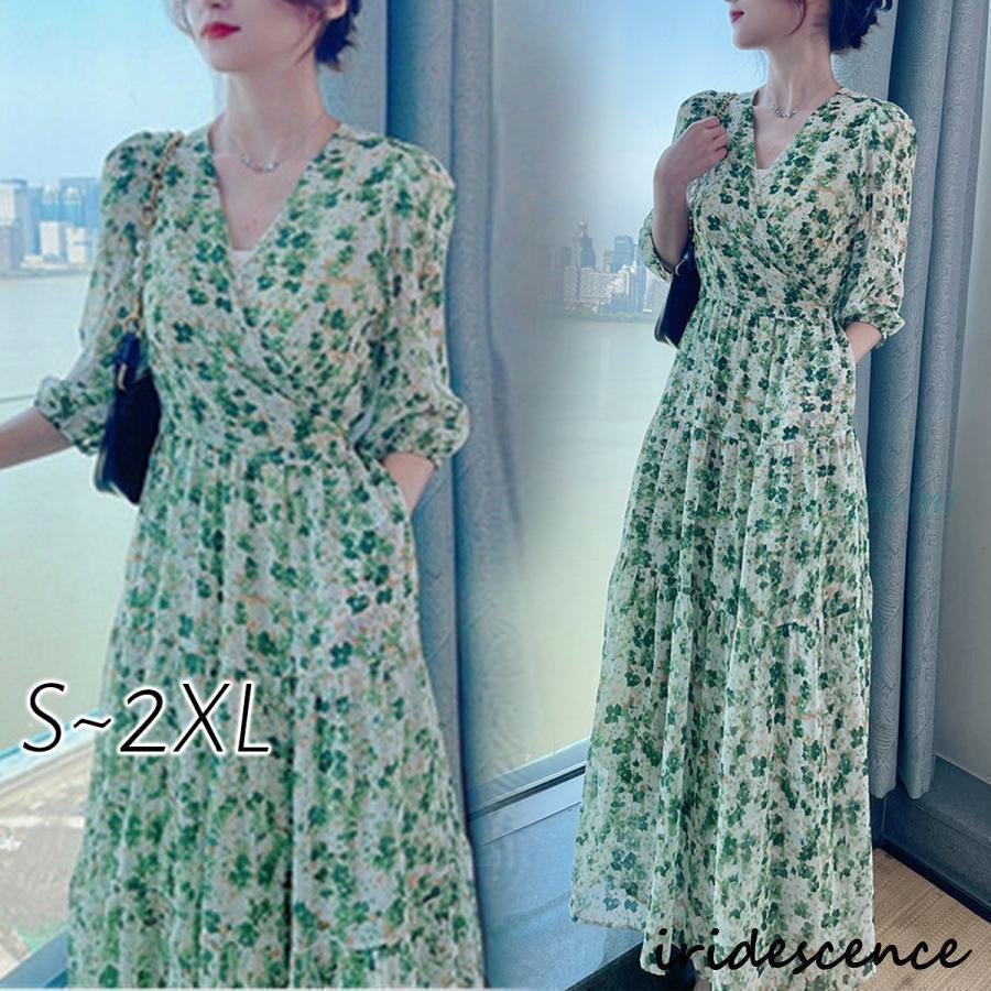 ワンピース 花柄 アボカド色　マキシワンピース ワンピース レディース 花柄 シフォン ロッグワンピ 7..