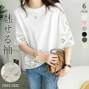 ブラウス 半袖 トップス ゆったり 新作 レース 刺繍 透かし ロングT tシャツ レディース ラウンドネック 無地 体型カバー 上品