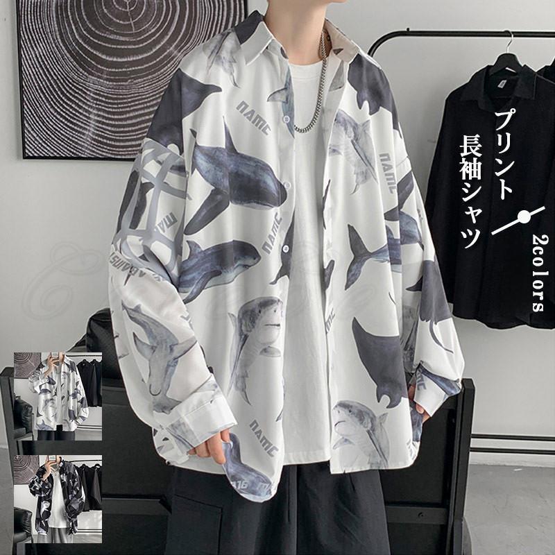 長袖シャツ メンズ ライトアウター プリント 折り襟 前開き トップス カジュアル 体型カバー ゆったり かっこいい 21年秋新作 きれいめ おしゃれ