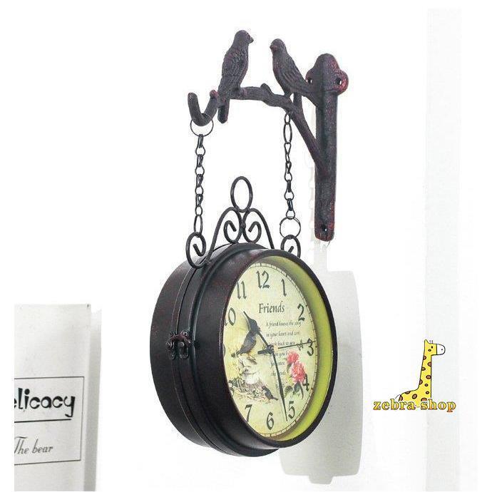 両面壁掛け時計 鳥模様 かわいい アンティーク調 ウォールクロック ビンテージ風 ヴィンテージ 両面文字盤 北欧 カフェ インテリアクロック