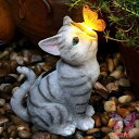 ソーラーキャットライト 猫の蝶彫像ソーラーLEDライト付き 置物 樹脂 飾り 防水 耐久 プレゼント ギフト 部屋 お庭 屋外 玄関 出窓 階段 インテリア