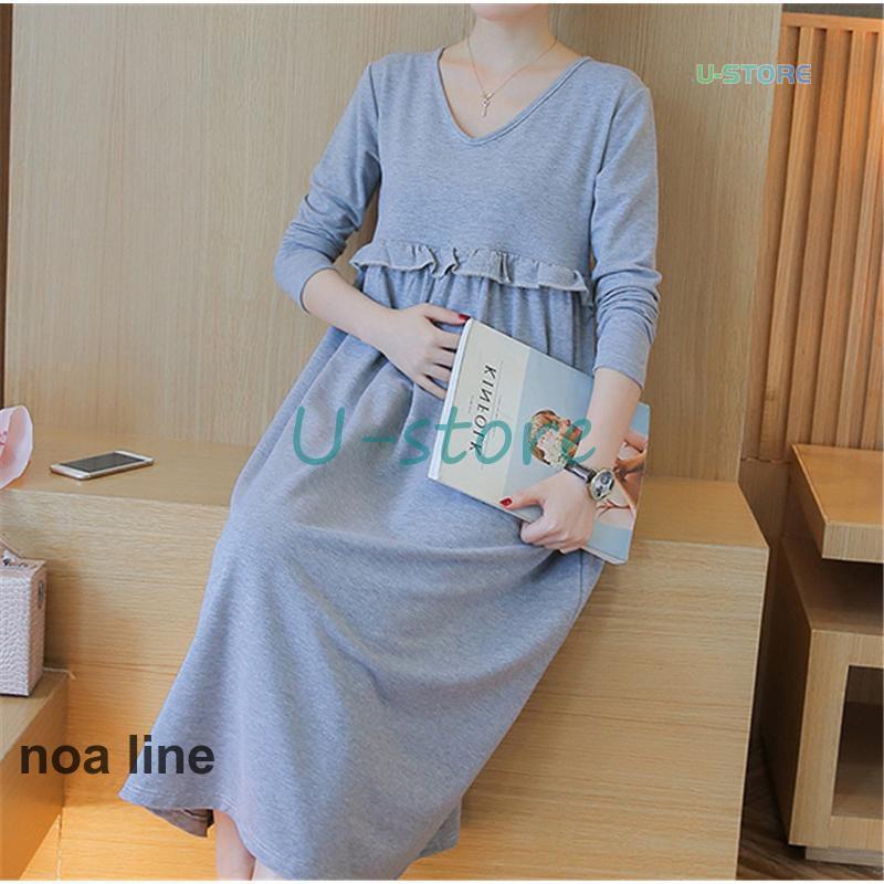 授乳服 マタニティ ワンピース 長袖 ロング 授乳口付き 胸フリル 妊婦服 妊婦用 マタニティウェア 妊婦 産前産後 ママ 大きいサイズ