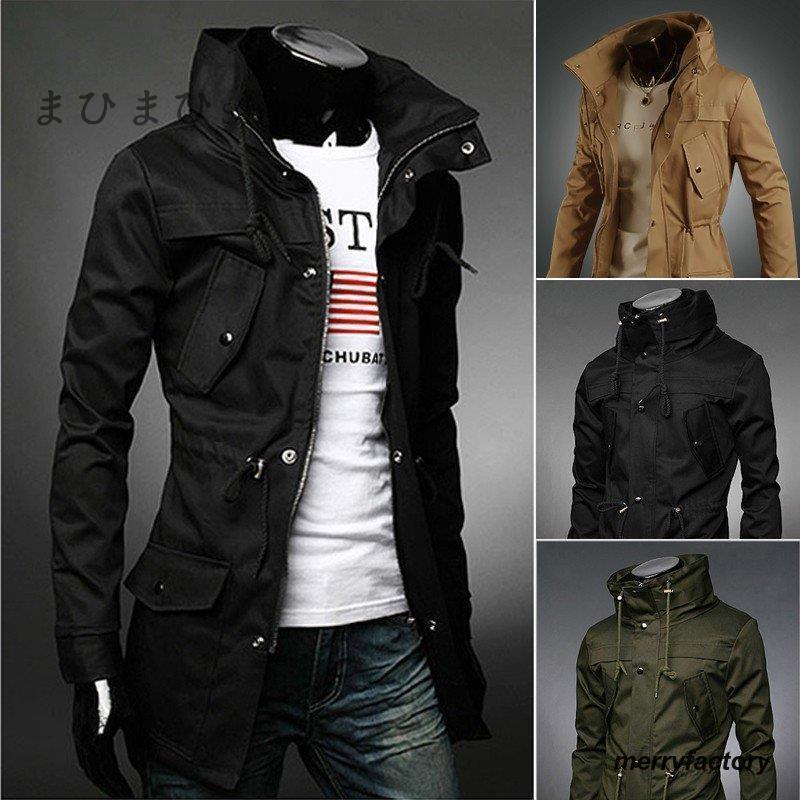 モッズコート メンズ ミリタリー コート 　フード付　無地 カジュアル ライトアウター ロングコート　..