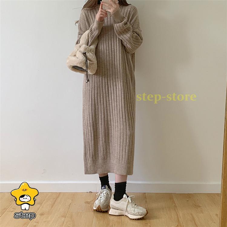 ニットワンピース ワンピース 秋冬 太めリブニット ロングワンピース ミモレ丈 無地 フード付き 帽子 ストレッチ 大人 長袖 20代30代 50代 セーター アウター