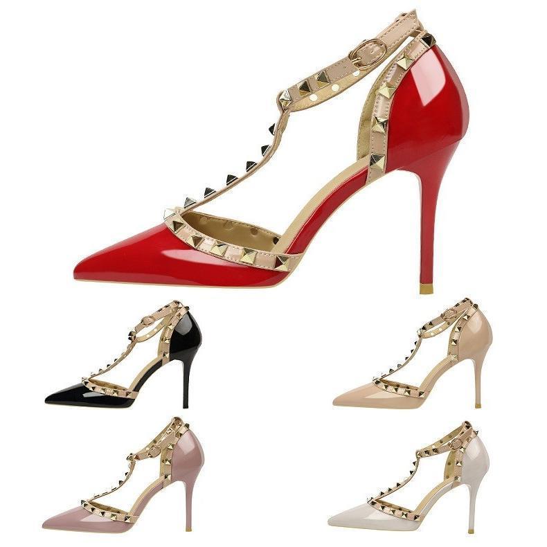 パンプス ポインテッドトゥ レディース スタッズ付 Tストラップ ハイヒール ピンヒール フォーマル シューズ 9cm アンクルストラップ パーティー 結婚式