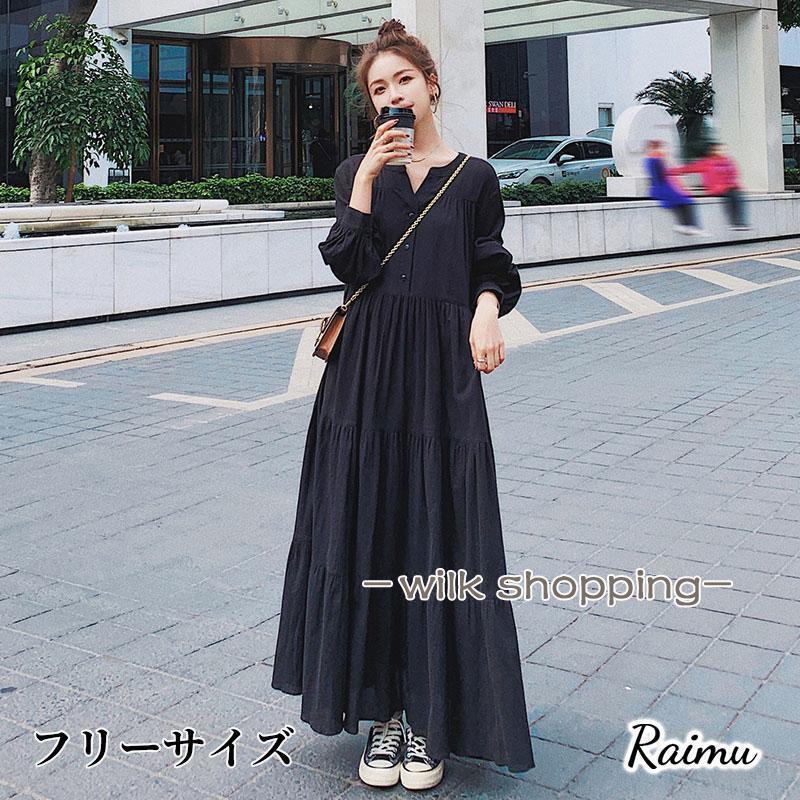 ワンピース レディース マキシ丈ワンピース 長袖 おしゃれ きれいめ 黒ワンピ vネック 揺れる 可愛い 上品 きれいめ ゆったり 着痩せ 春夏秋 冬 ティアード