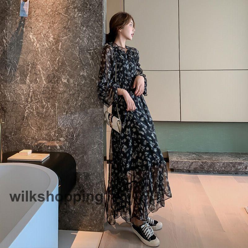 長袖 - シースルー 花柄 ワンピース レディース ロングワンピース 長袖 スタンドカラー 大きいサイズ 3L フレアワンピース 黒 フリル袖 フリル襟