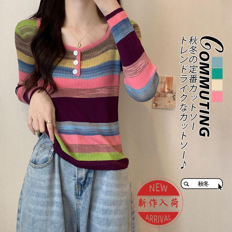 Tops - 長袖 tシャツ レディース 防寒インナー Tシャツ トップス プルオーバー 秋冬 ロング丈 ロングシャツ カットソー 体型カバー 冬服 インナー おしゃれ 虹色