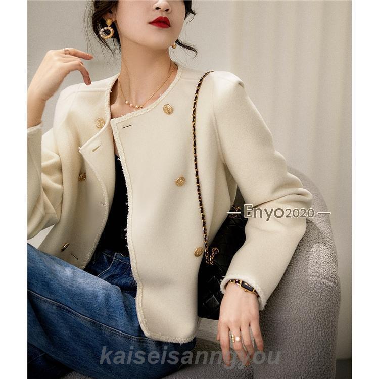 レディース ダッフルコート ダブルボタン ショート丈 ダブルフェイス生地 ウール キレイめ 保温 可愛い 大人 エレガント 秋服 冬服 アウター コート