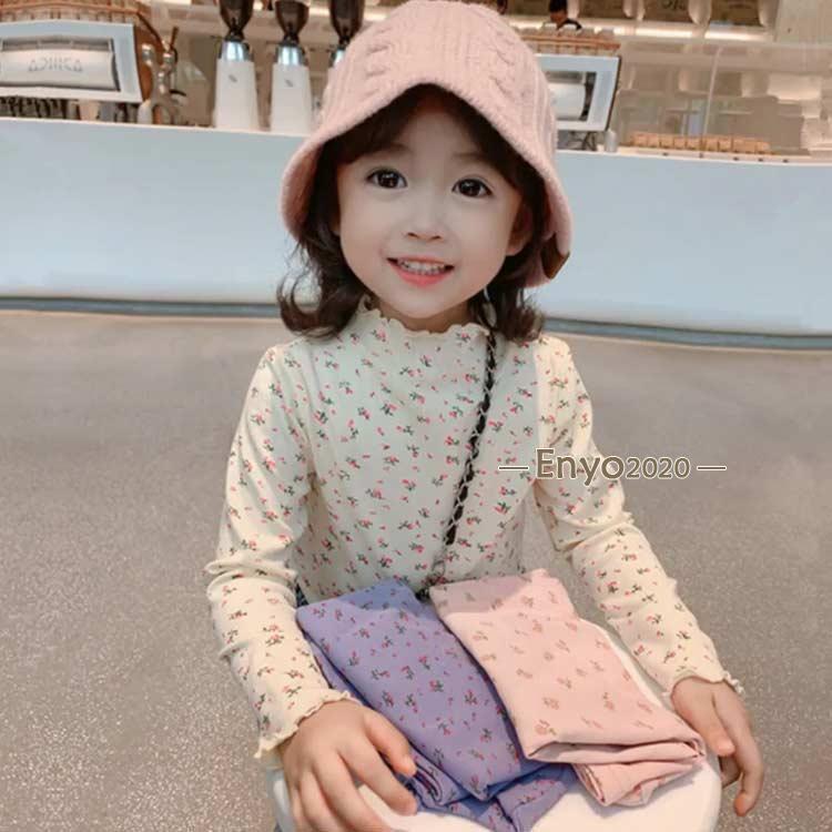 子供服 Tシャツ カットソー 長袖 キッズ ベビー ハイネック トップス フリル 花柄 春 秋 冬 可愛い リブ 女の子 女児 インナー ロンT ガー 3