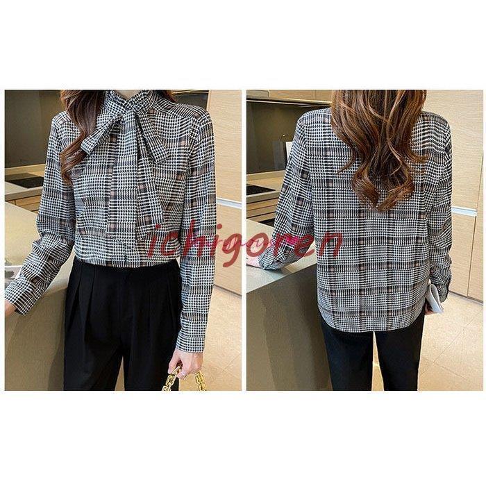 ブラウス レディース 40代 秋服 長袖トップス オシャレブラウス リボンネックブラウス チェック柄ブラウス 韓国風 大人 上品 通勤OL ゆったりシャツ 30代50代