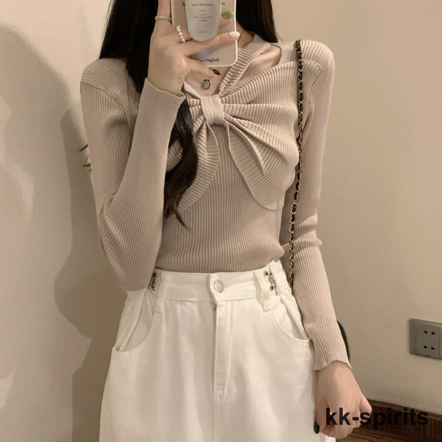 maruk shopのフロントリボンリブニットトップス大人秋服｜アングル2