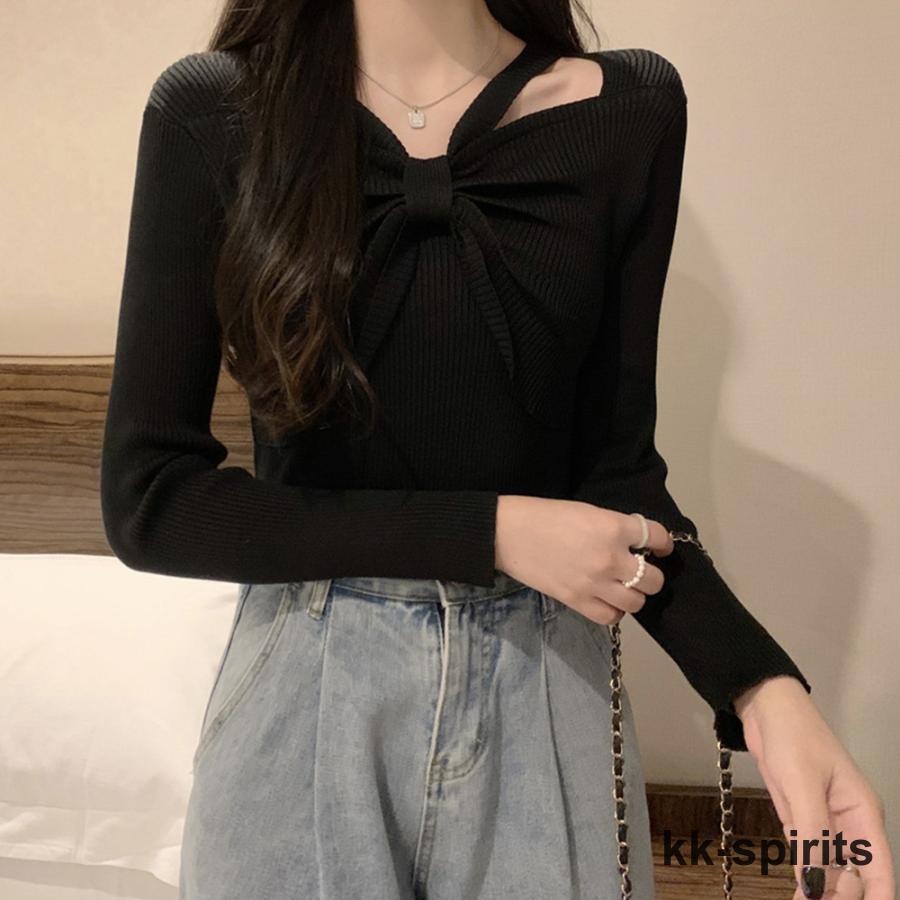 maruk shopのフロントリボンリブニットトップス大人秋服｜アングル3