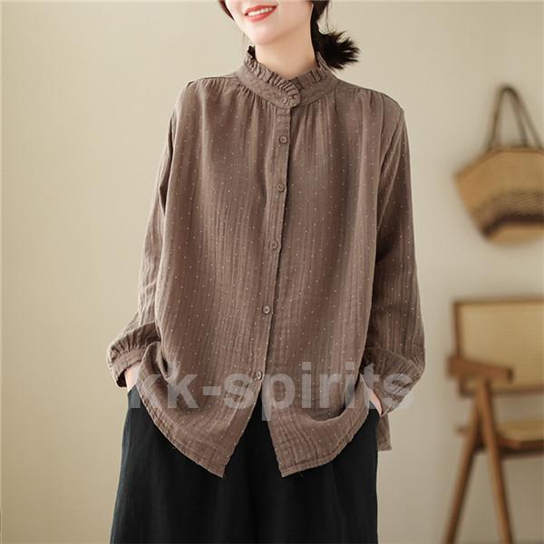 ブラウス レディース 秋服 トップス シャツ ロング丈 ゆったり シンプル 長袖 ドット ピンタック ボリ..