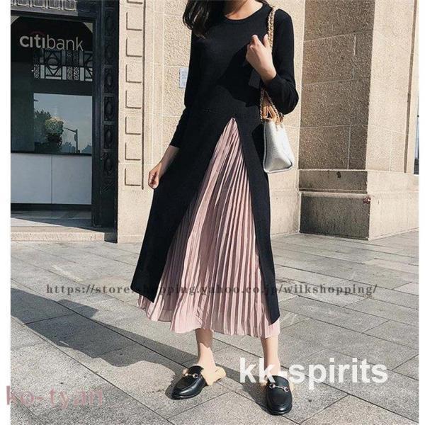 秋服 レディース ワンピース 長袖 秋冬 ロングワンピース ミモレ丈 切り替え フェ...