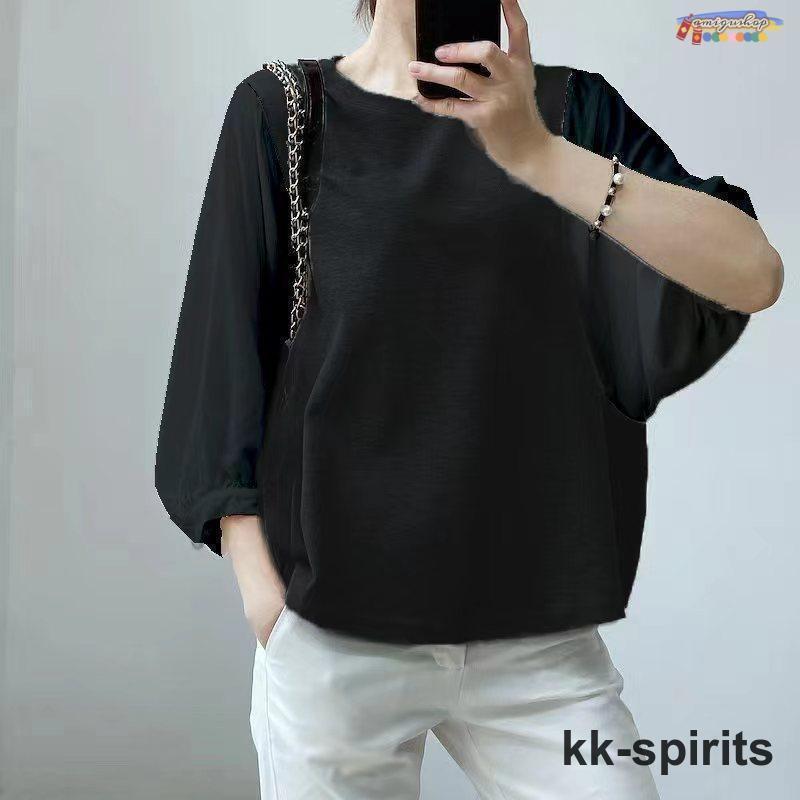 maruk shopのTシャツレディース ドッキングトップス 切り替えブラウス 長袖 七分袖 チェック柄 夏 秋服 可愛い シャツブラウス 無地 黒tシャツ 女の子 大人｜アングル2