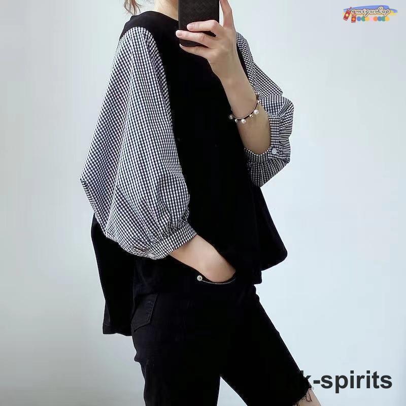 maruk shopのTシャツレディース ドッキングトップス 切り替えブラウス 長袖 七分袖 チェック柄 夏 秋服 可愛い シャツブラウス 無地 黒tシャツ 女の子 大人｜アングル3