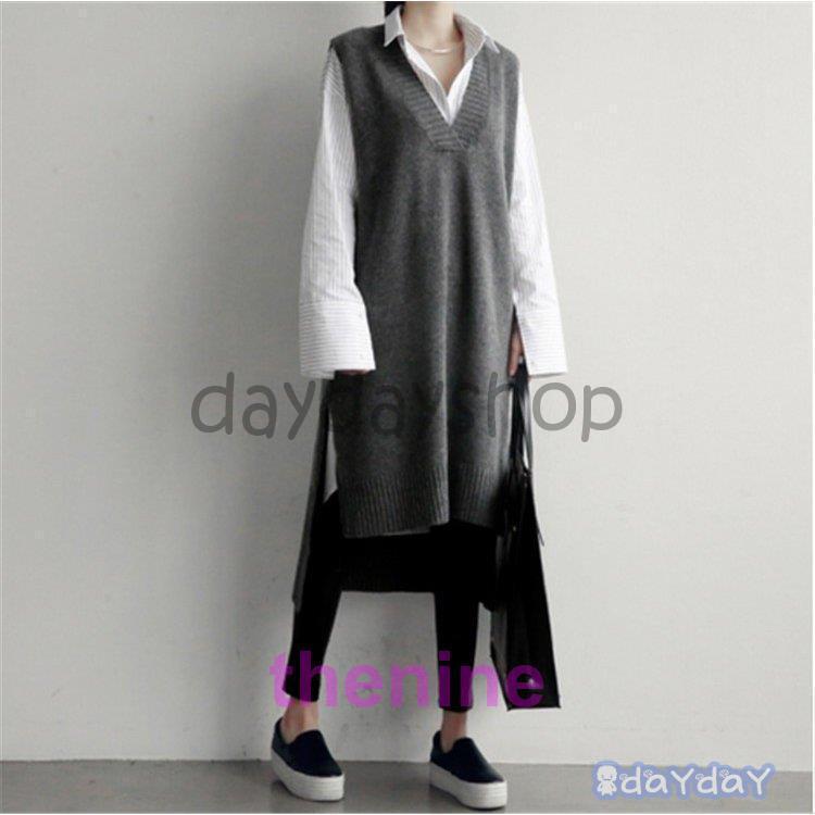 ニットベスト レディース 40代 秋服 ベストワンピース vネック 無地 ロング丈 上品 ノースリープニットベストワンピ セーター韓国風 体型カバー 通勤 着痩せ 2色 - 2