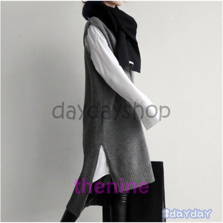 ニットベスト レディース 40代 秋服 ベストワンピース vネック 無地 ロング丈 上品 ノースリープニットベストワンピ セーター韓国風 体型カバー 通勤 着痩せ 2色 - 3