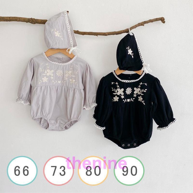 ベビー服 女の子 ロンパース 長袖 秋 秋冬 60 70 80 90 刺繍 レース エンブロイダリー ブラック グレー..