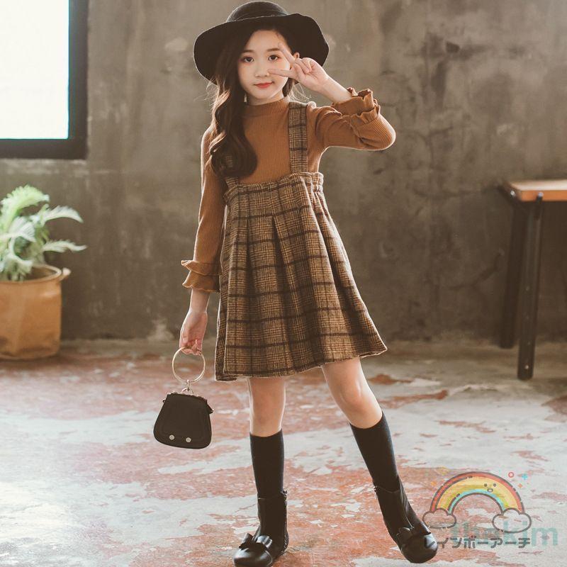 セットアップ 女の子 子供服 韓国 キッズ 長袖 春秋 秋着 上下セット 2点セット 韓国子供服 ジュニア スカート チェック柄 サロペット 蝶結び 可愛い おしゃれ