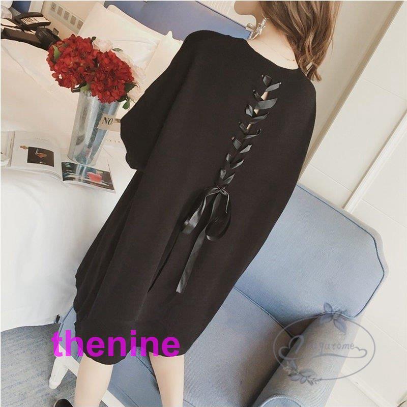 大きいサイズ3L4L5Lワンピース秋冬黒赤レースアップバックリボンレディースワンピースミニ丈ゆったり無地シンプルフェミニン女子会デート