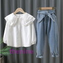 女の子 セットアップ キッズ 春服 長袖 ス ブラウス シャツ デニムパンツ 九分丈パンツ 子ども服 ジュニア おしゃれ 可愛い