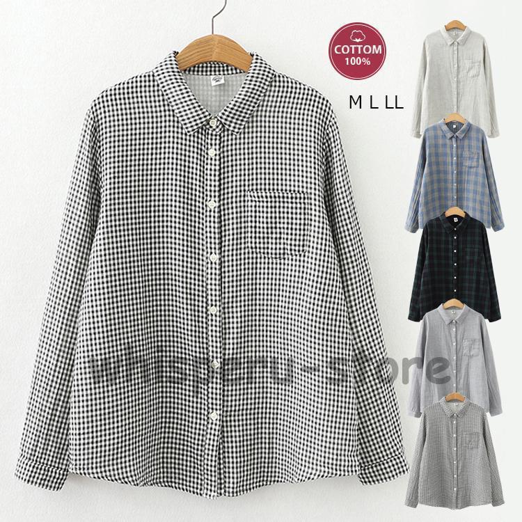 シャツ 秋 秋服 レディース 長袖 トップス チェック 綿100％ シャツブラウス チェックシャツ コットン1..