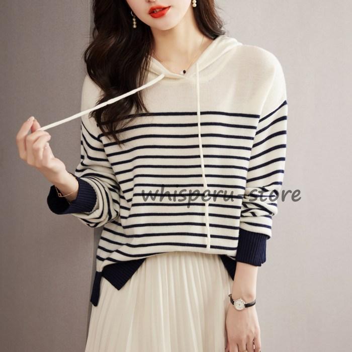 パーカー ニットパーカー 長袖 ボーダー ニット トップス レディース 無地 プルオーバー フード付き ベ..
