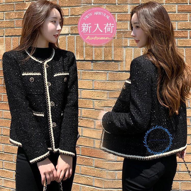 ツイードジャケット レディース 40代 長袖ノーカラージャケット 黒ショット丈ツイードコート 春コートアウター 秋服 大人韓国風 通勤OL 結婚式 入学式 卒業式
