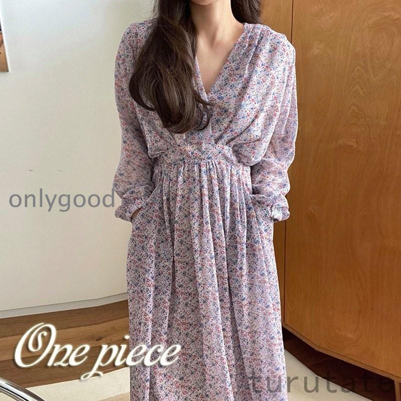 ワンピース 春物 レディース 秋服 ロング丈 ドレス 花柄 長袖 シフォン カジュアル キレイめ おしゃれ 韓国 卒業式 服 母 着痩せ 通勤 OL