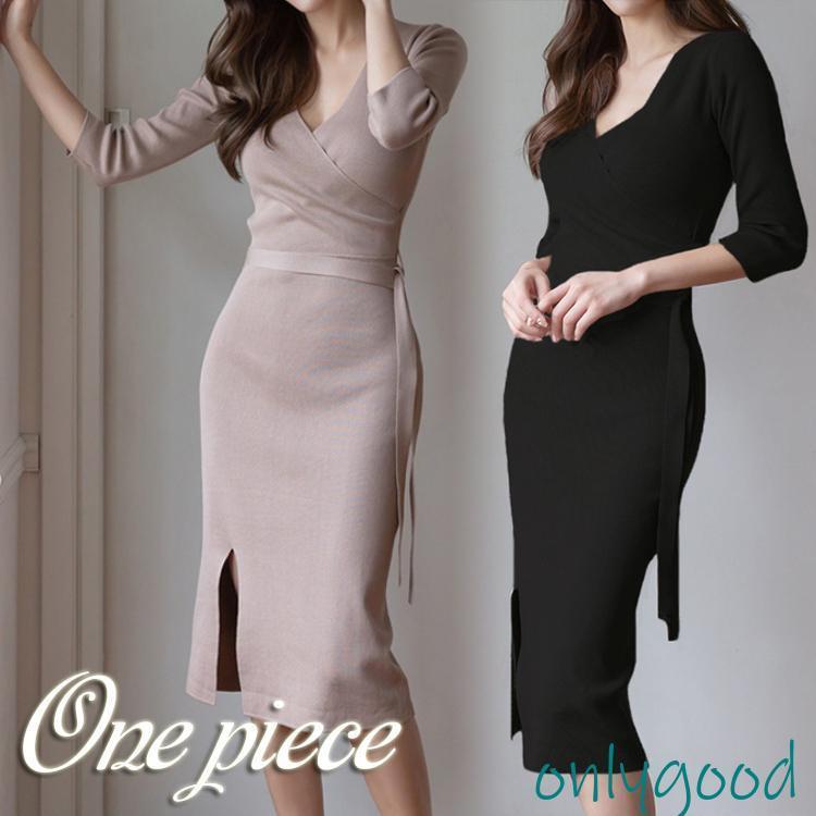 ワンピース 秋服 春 ひざ丈 ニット ドレス レディース ロング 長袖 カジュアル キレイめ おしゃれ 韓国 卒業式 服 母 着痩せ 通勤 OL