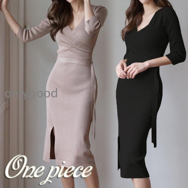 ワンピース 秋服 春 ひざ丈 ニット ドレス レディース ロング 長袖 カジュアル キレイめ おしゃれ 韓国 卒業式 服 母 着痩せ 通勤 OL