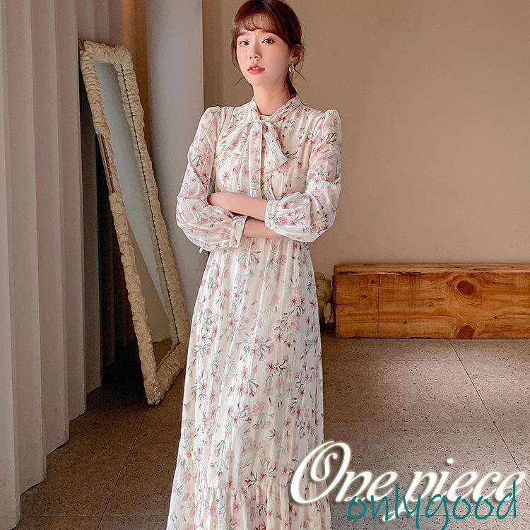 ワンピース 春物 レディース 秋服 ロング丈 ドレス 花柄 長袖 シフォン カジュアル キレイめ おしゃれ 韓国 卒業式 服 母 着痩せ 通勤 OL