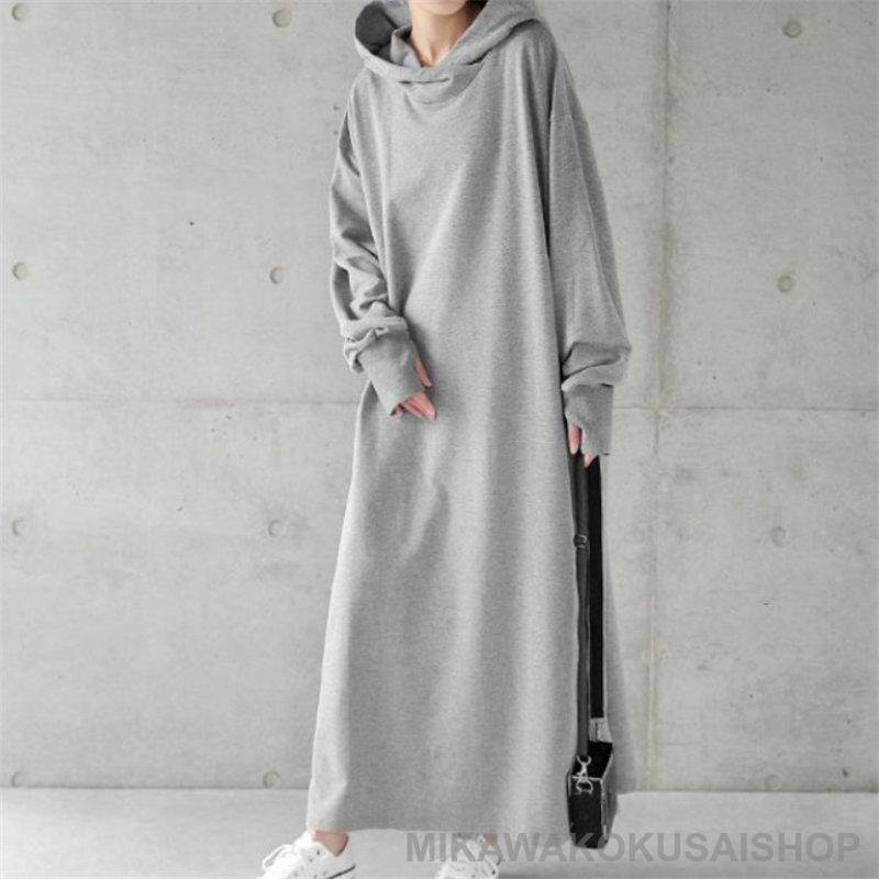 ワンピース レディース 秋冬 秋服 ロング丈 パーカーワンピース ミモレ丈 フード付け 長袖 綿混 無地 ロングワンピース